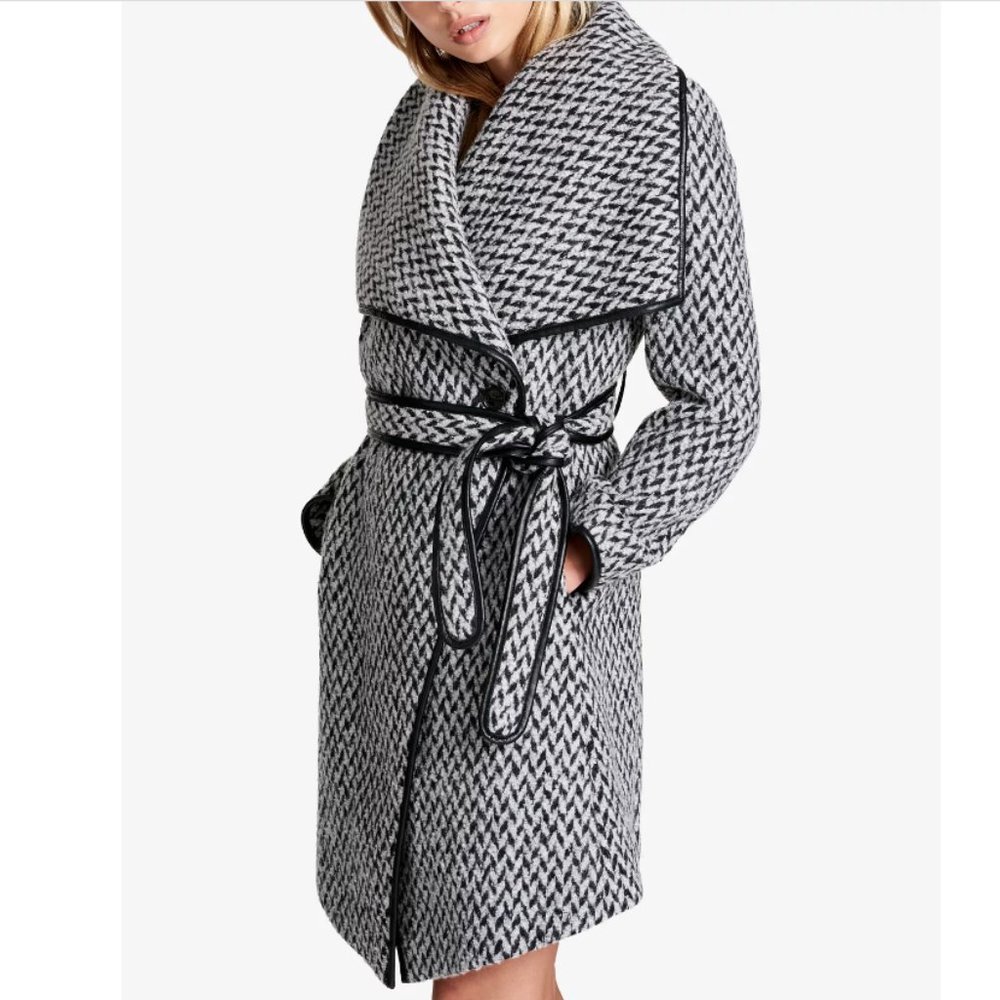 DKNY Black & White Textured Wrap Tweed Coat Women | Size Small | GREAT CONDITION
